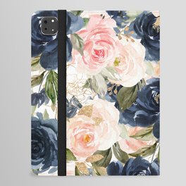 Navy Pink Watercolor Floral Pattern Nursery Flowers iPad Folio Case