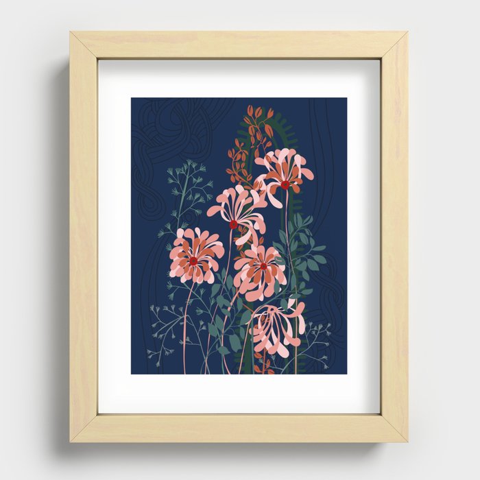 Alfons Mucha would love this flowers – dark blue Recessed Framed Print