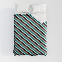 [ Thumbnail: Light Coral, Dark Cyan, Light Cyan, and Black Colored Lined/Striped Pattern Duvet Cover ]