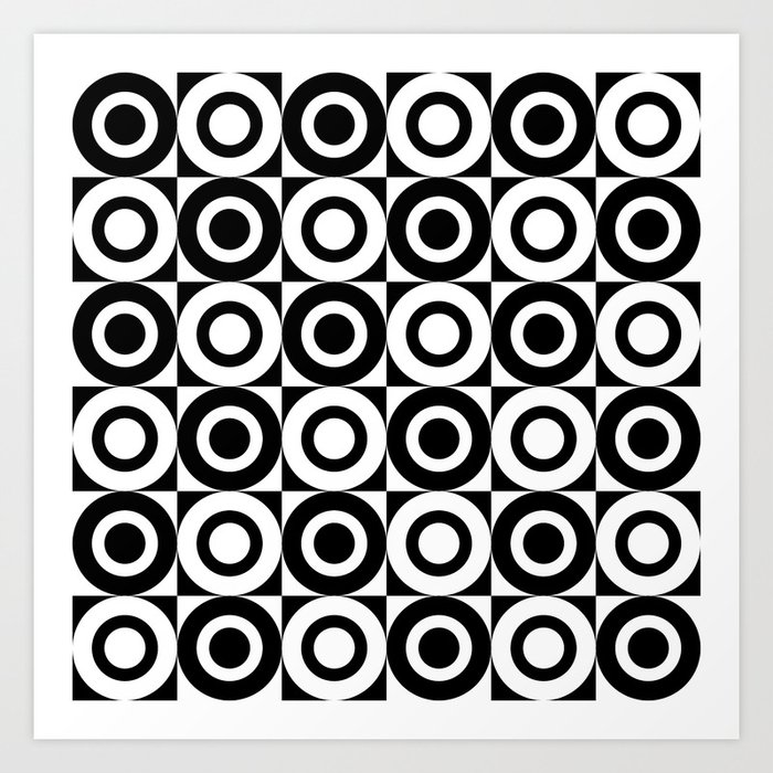 Mid Century Square and Circle Pattern 541 Black and White Art Print