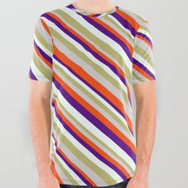 [ Thumbnail: Eye-catching Dark Khaki, Light Gray, Red, Indigo, and Mint Cream Colored Striped Pattern All Over Graphic Tee ]