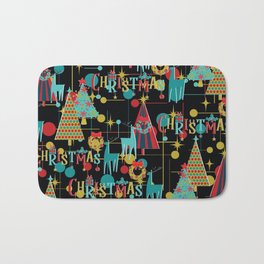 Retro Christmas in Black Bath Mat | Modchristmas, Midcentury, Snowflakes, Retroholiday, Red, Teal, Chartreuse, Seasonal, Christmastrees, Redsnowflakes 