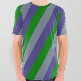 [ Thumbnail: Light Slate Gray, Dark Slate Blue & Green Colored Lines/Stripes Pattern All Over Graphic Tee ]