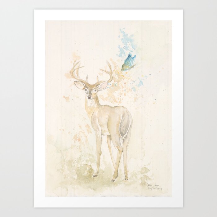 Deer and butterfly Art Print