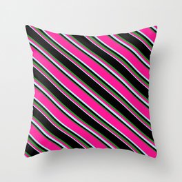 [ Thumbnail: Black, Forest Green, Deep Pink & Turquoise Colored Lined Pattern Throw Pillow ]