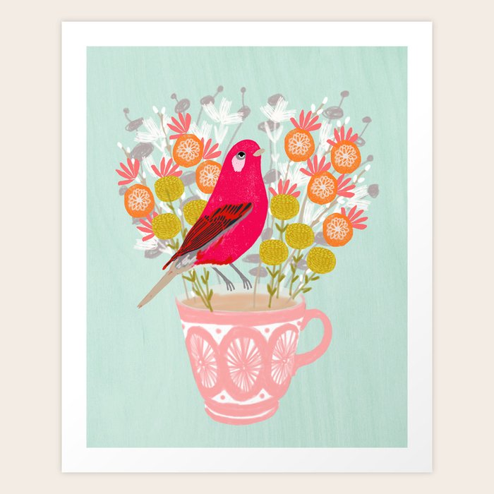 Bird on a Teacup by Andrea Lauren Art Print by Andrea Lauren Design