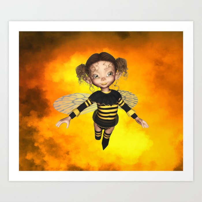 Little Bee Girl Golden Clouds Art Print