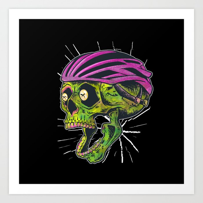 Colorful skull with bike helmet funny bike gifts Art Print