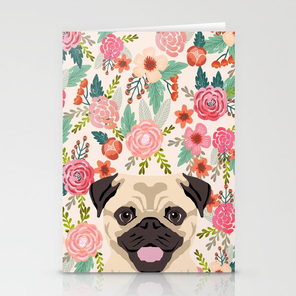 Pug floral dog portrait Pug dog peeking face gifts for dog lover pugs Stationery Cards