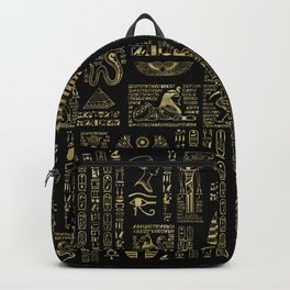Egyptian hieroglyphs and deities gold on black Backpack