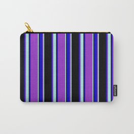 [ Thumbnail: Dark Orchid, Turquoise, Black, and Blue Colored Striped/Lined Pattern Carry-All Pouch ]