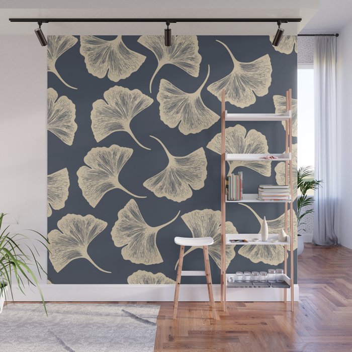 Ginkgo leaves / Elegant / Blue and gold Wall Mural
