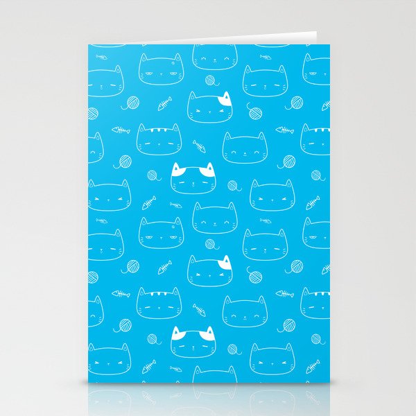 Turquoise and White Doodle Kitten Faces Pattern Stationery Cards
