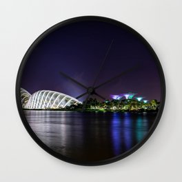 Night long exposure photo of singapore river, Flower Dome, Cloud Forest and Gardens by the bay, Singapore Wall Clock