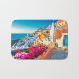 Santorini Landscape Photography Bath Mat | Vibrantcolors, Island, Landscape, Santorinivacation, Flowers, Oldhouses, Greece, Santorini, Villas, Photo 