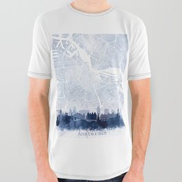 Amsterdam Skyline Map Watercolor Navy Blue, Print by Zouzounio Art All Over Graphic Tee