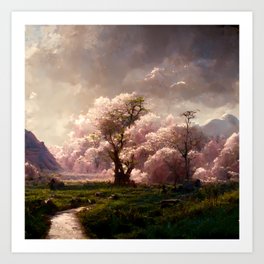 Japanese Sakura Cherry Blossom Trees Landscape #3 Art Print