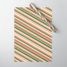 [ Thumbnail: Dark Salmon, Dark Olive Green & Beige Colored Lines/Stripes Pattern Wrapping Paper ]