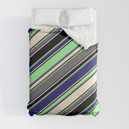 [ Thumbnail: Vibrant Green, Dim Grey, Midnight Blue, Beige & Black Colored Striped Pattern Comforter ]