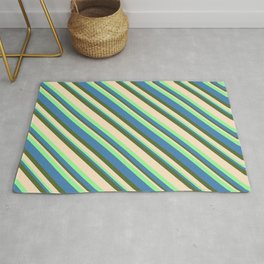 [ Thumbnail: Green, Blue, Dark Olive Green, and Bisque Colored Striped/Lined Pattern Rug ]