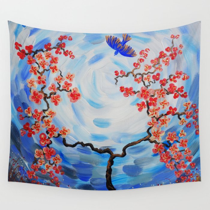 Blue Sky Red Cherry Blossom Tree Bird Painting By Ksavera Wall