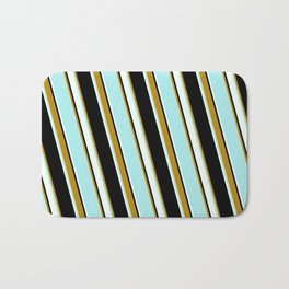 [ Thumbnail: Black, Dark Goldenrod, Turquoise & Mint Cream Colored Lined Pattern Bath Mat ]