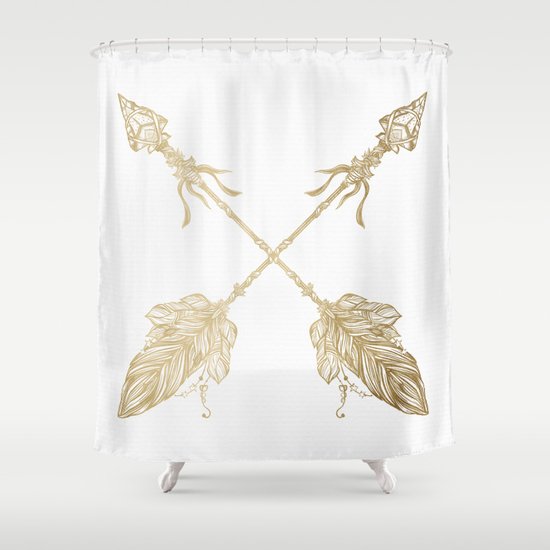 Tribal Arrows Gold on White Shower Curtain by Nature