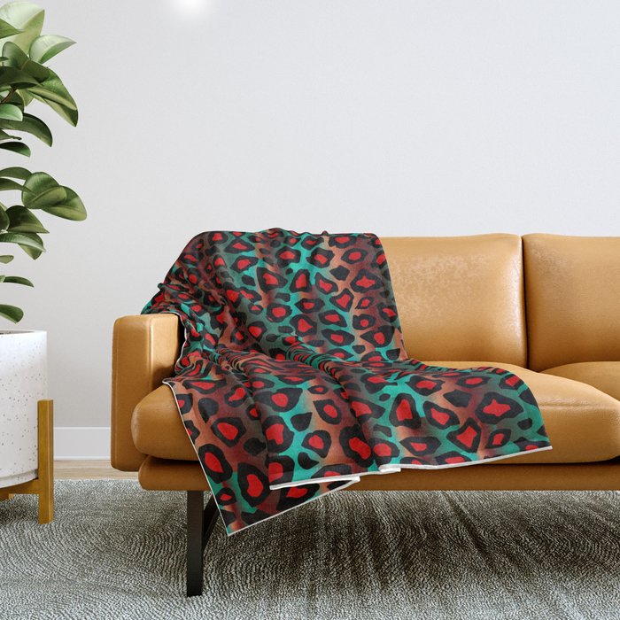 Teal and Red Leopard Animal Pattern Throw Blanket