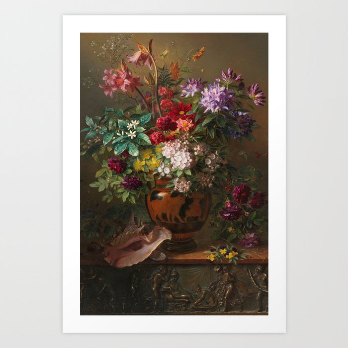 Vintage Floral Painting - Antique Dark Academia Moody Flowers  Art Print
