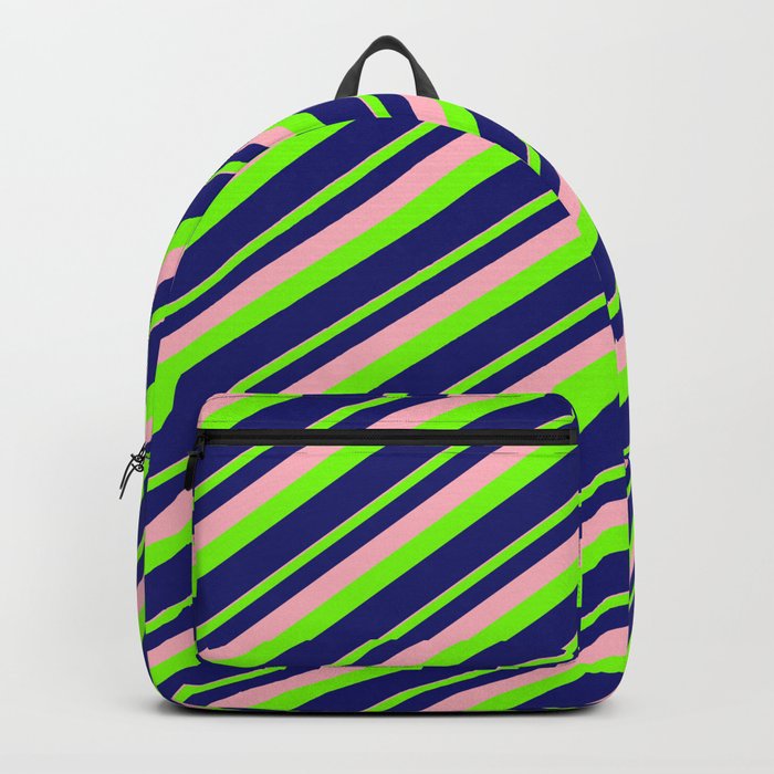Light Pink, Green, and Midnight Blue Colored Striped/Lined Pattern Backpack