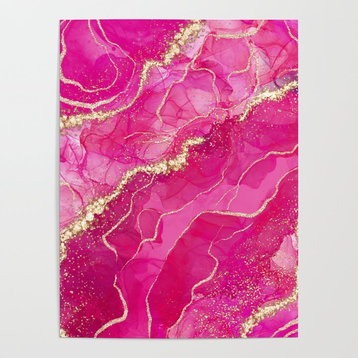 Pink Glamour Marble With Gold Glitter Texture  Poster