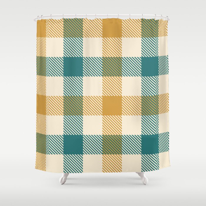 Autumn Check Plaid Ocre Green Shower Curtain