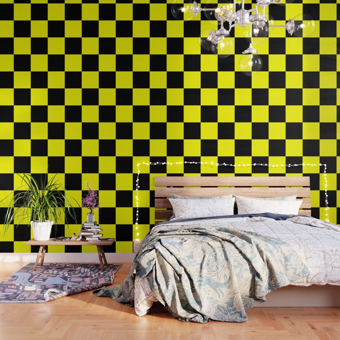 Bright Fluorescent Yellow Neon Black Checked Checkerboard