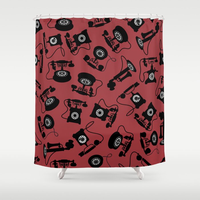 Black Vintage Rotary Dial Telephone Pattern on Antique Red Shower Curtain