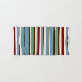 [ Thumbnail: Beige, Cornflower Blue, Sea Green, and Dark Red Colored Lines/Stripes Pattern Hand & Bath Towel ]
