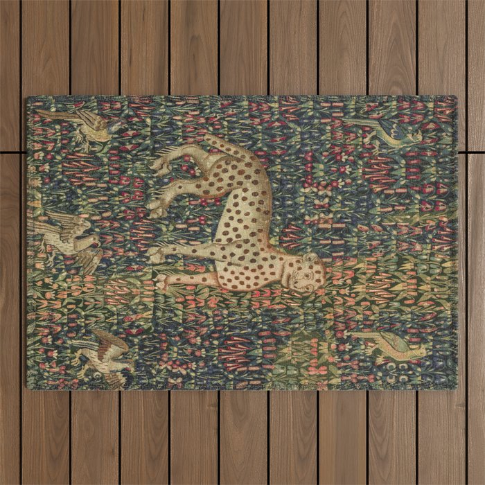 Vintage Floral with Cheetah and Birds 16th Century Tapestry Outdoor Rug