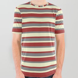 [ Thumbnail: Light Yellow, Brown, and Grey Colored Striped/Lined Pattern All Over Graphic Tee ]