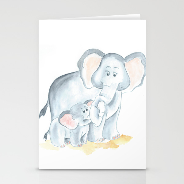Elephants Watercolor Painting Baby Elephant With Mom Stationery