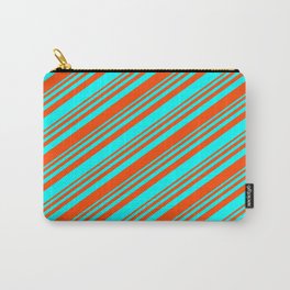 [ Thumbnail: Red & Cyan Colored Lined/Striped Pattern Carry-All Pouch ]