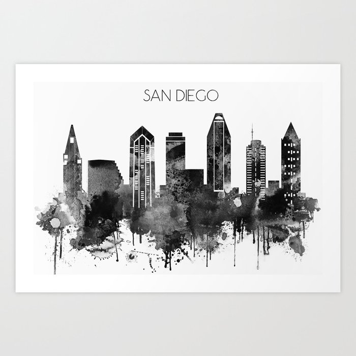 Black And White Watercolor San Diego Skyline Art Print By Dimodesigns Society6