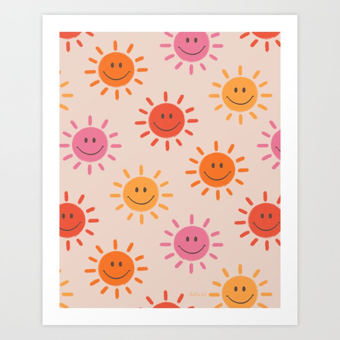 Happy Sun Pattern, Cute Sunshine, Blush, Pink, Colorful Art Print