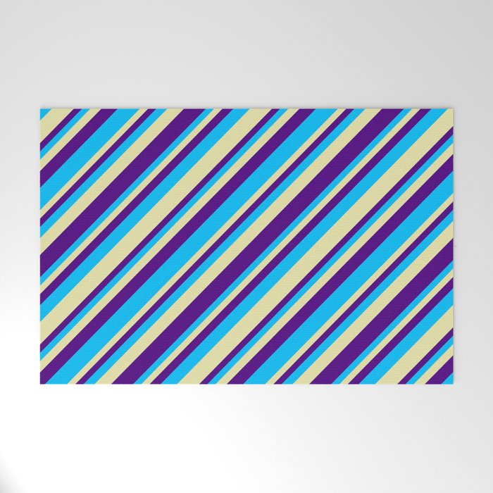 Pale Goldenrod, Indigo & Deep Sky Blue Colored Stripes/Lines Pattern Welcome Mat