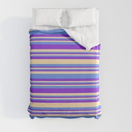 [ Thumbnail: Purple, Beige, and Cornflower Blue Colored Striped/Lined Pattern Duvet Cover ]