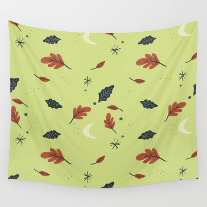 Autumn Leaves on Mellow Green Wall Tapestry