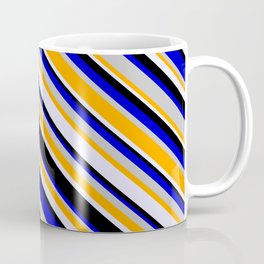 [ Thumbnail: Eye-catching Blue, Grey, Orange, Lavender, and Black Colored Stripes/Lines Pattern Coffee Mug ]