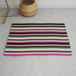 [ Thumbnail: Forest Green, Light Gray, Deep Pink, and Black Colored Stripes Pattern Rug ]