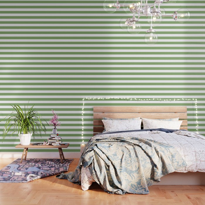 Asparagus - solid color - white stripes pattern Wallpaper