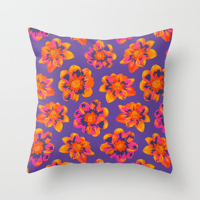 COSMIC COSMOS Abstract Floral Summer Bright Botanical in Fuchsia Pink Orange Yellow on Purple - UnBlink Studio by Jackie Tahara Throw Pillow