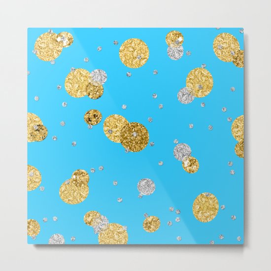 Glittery Dream-Gold Diamond Glitter Polkadots on aqua teal background Metal Print