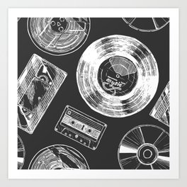 Seamless pattern with Audio and video carriers. Vinyl record, tape reel, compact tape cassette, VHS and compact disc.  Art Print